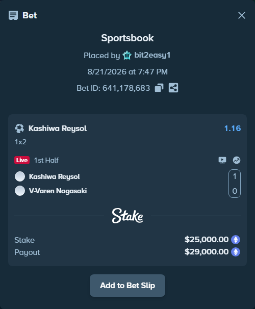 Bet slip: Kashiwa Reysol - V-Varen Nagasaki, $25,244.14 stake at 1.16 odds, placed by bit2easy1