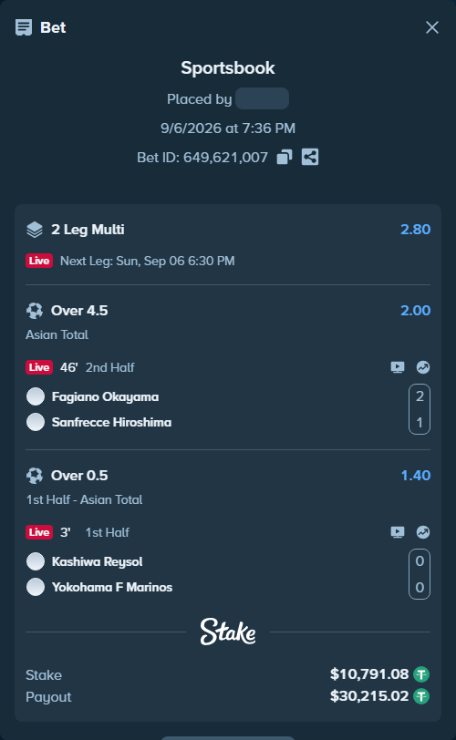 Bet slip: Kashiwa Reysol - Yokohama F Marinos, $10,790.00 stake at 1.40 odds, placed by tlwns4736