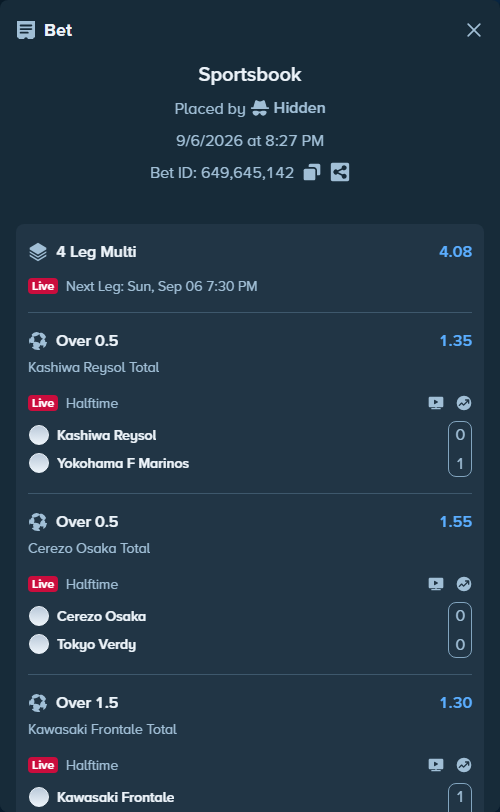 Bet slip: Kashiwa Reysol - Yokohama F Marinos, $123,000.00 stake at 1.35 odds, placed by Hidden