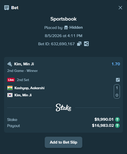 Bet slip: Kashyap, Aakarshi - Kim, Min Ji, $10,000.00 stake at 1.70 odds, placed by Hidden