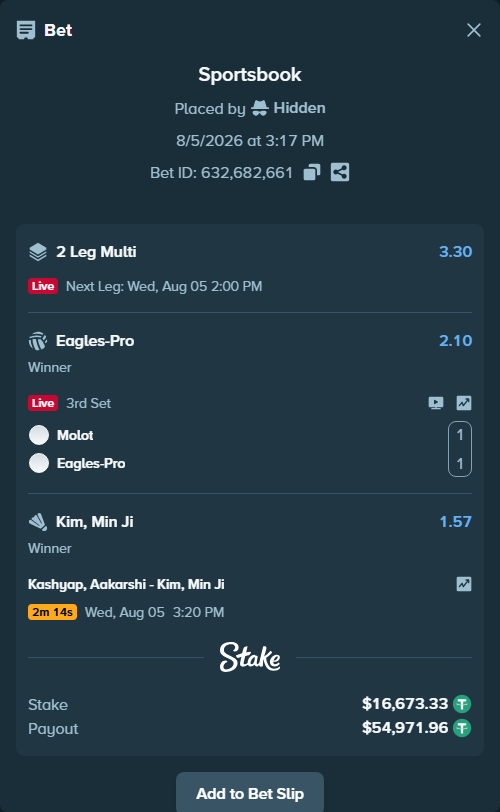 Bet slip: Kashyap, Aakarshi - Kim, Min Ji, $16,690.00 stake at 1.57 odds, placed by Hidden
