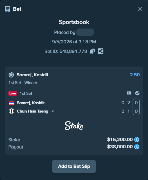 Bet slip: Kasidit Samrej - Chun Hsin Tseng, $15,200.00 stake at 2.50 odds, placed by kuwkuw