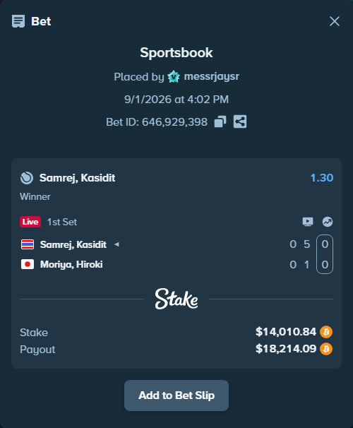 Bet slip: Kasidit Samrej - Moriya, Hiroki, $13,847.24 stake at 1.30 odds, placed by messrjaysr