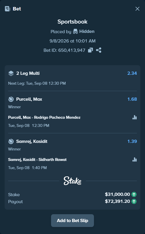 Bet slip: Kasidit Samrej - Sidharth Rawat, $31,000.00 stake at 1.39 odds, placed by Hidden