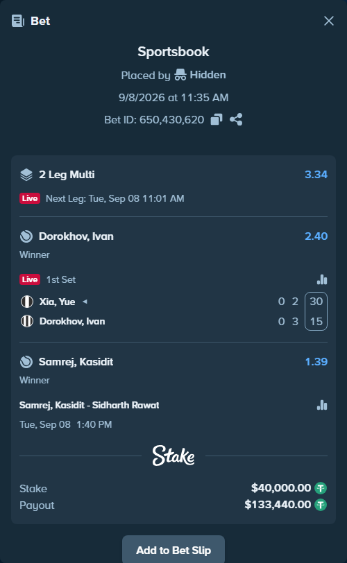 Bet slip: Kasidit Samrej - Sidharth Rawat, $40,000.00 stake at 1.39 odds, placed by Hidden