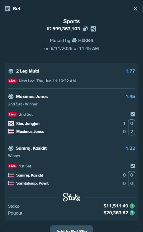 Bet slip: Kasidit Samrej - Sornlaksup, Pawit, $11,523.00 stake at 1.22 odds, placed by Hidden