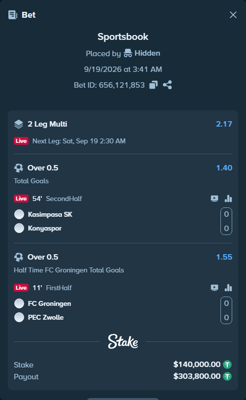 Bet slip: Kasimpasa Istanbul - Konyaspor, $140,000.00 stake at 1.40 odds, placed by Hidden