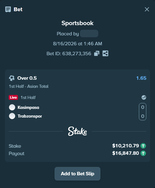 Bet slip: Kasimpasa Istanbul - Trabzonspor, $10,221.00 stake at 1.65 odds, placed by tlwns4736