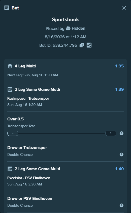 Bet slip: Kasimpasa Istanbul - Trabzonspor, $14,996.85 stake at 1.20 odds, placed by Hidden