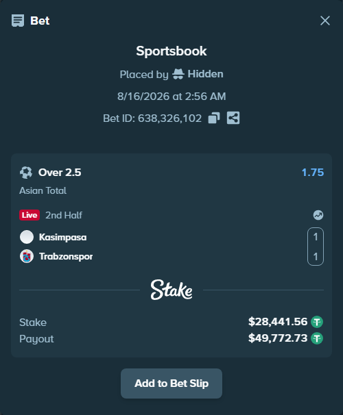 Bet slip: Kasimpasa Istanbul - Trabzonspor, $28,470.00 stake at 1.75 odds, placed by Hidden