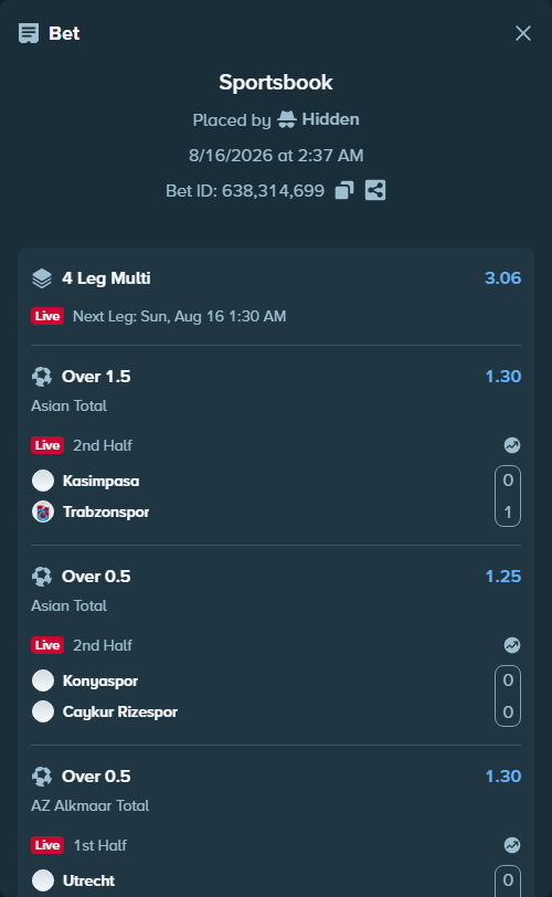 Bet slip: Kasimpasa Istanbul - Trabzonspor, $299,996.70 stake at 1.30 odds, placed by Hidden