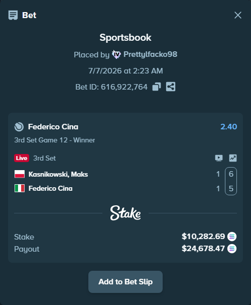 Bet slip: Kasnikowski, Maks - Federico Cina, $10,134.53 stake at 2.40 odds, placed by Prettylfacko98