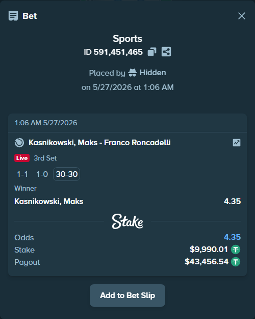 Bet slip: Kasnikowski, Maks - Franco Roncadelli, $10,000.00 stake at 4.35 odds, placed by Hidden