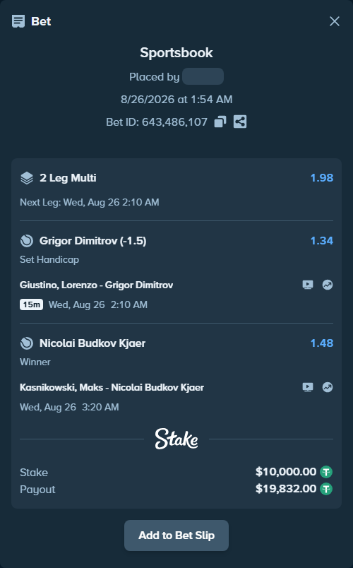 Bet slip: Kasnikowski, Maks - Nicolai Budkov Kjaer, $10,000.00 stake at 1.48 odds, placed by Davidbushel1