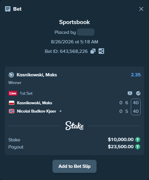 Bet slip: Kasnikowski, Maks - Nicolai Budkov Kjaer, $10,000.00 stake at 2.35 odds, placed by ngocnghia1990