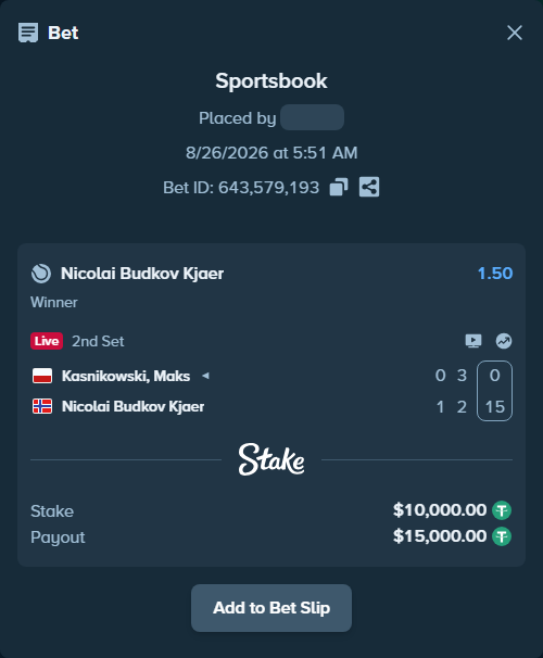 Bet slip: Kasnikowski, Maks - Nicolai Budkov Kjaer, $10,000.00 stake at 1.50 odds, placed by Jason8765