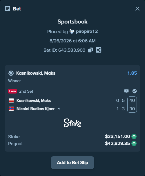 Bet slip: Kasnikowski, Maks - Nicolai Budkov Kjaer, $23,151.00 stake at 1.85 odds, placed by piropiro12