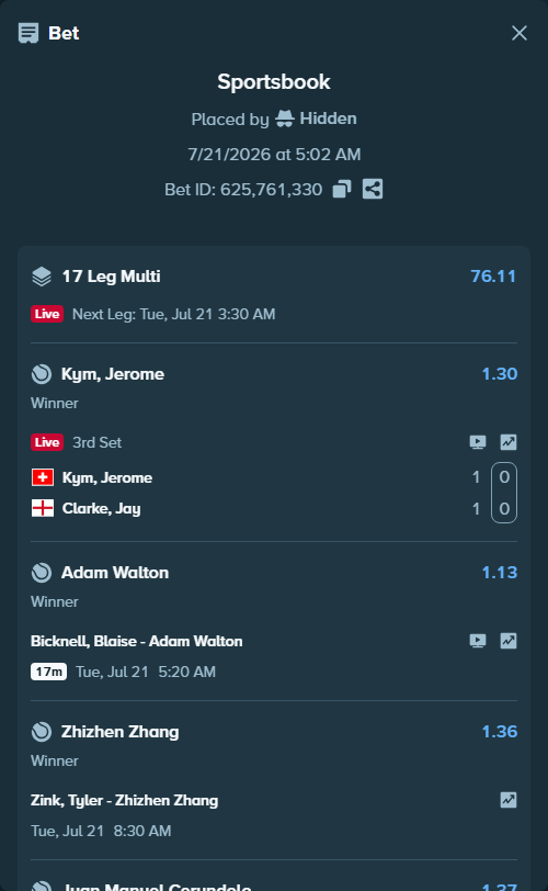 Bet slip: Kasnikowski, Maks - Wessels, Louis, $15,000.00 stake at 1.18 odds, placed by Hidden