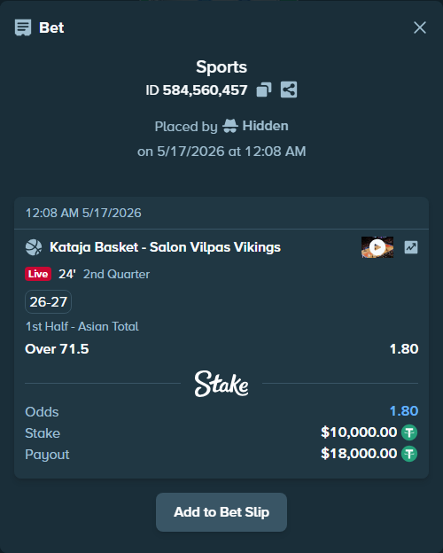Bet slip: Kataja Basket Joensuu - Salon Vilpas Vikings, $10,010.00 stake at 1.80 odds, placed by Hidden
