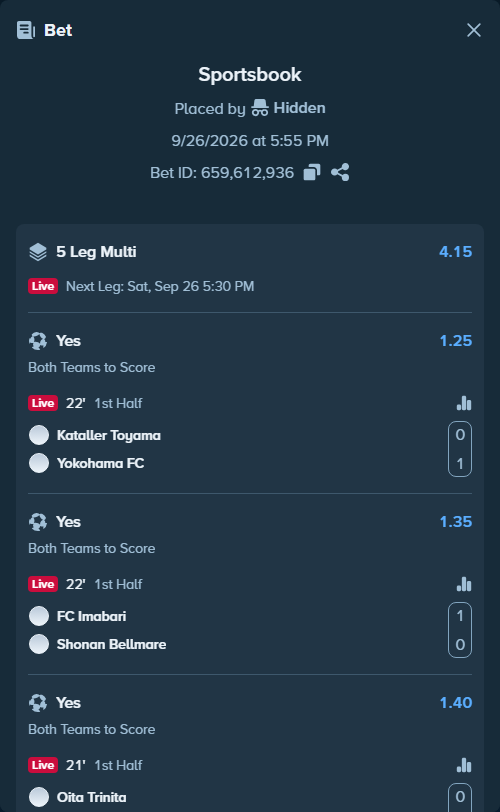 Bet slip: Kataller Toyama - Yokohama FC, $24,257.81 stake at 1.25 odds, placed by Hidden