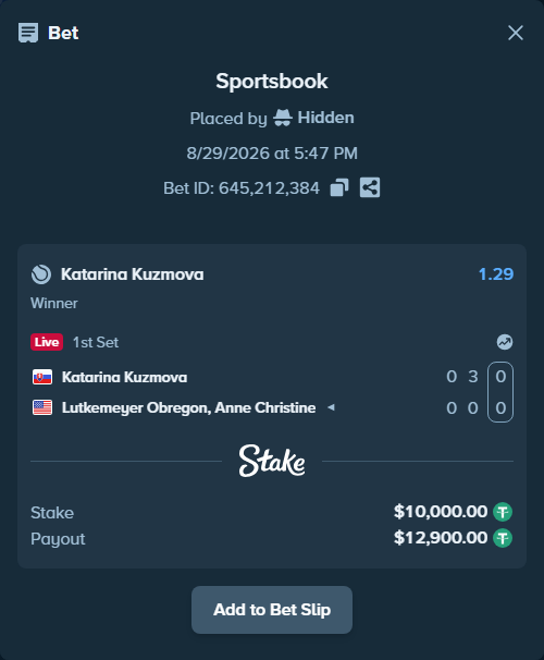 Bet slip: Katarina Kuzmova - Lutkemeyer Obregon, Anne Christine, $10,000.00 stake at 1.29 odds, placed by Hidden