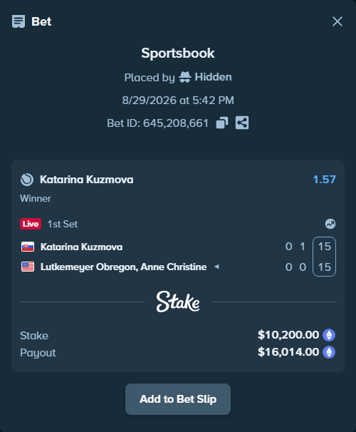Bet slip: Katarina Kuzmova - Lutkemeyer Obregon, Anne Christine, $10,237.17 stake at 1.57 odds, placed by Hidden