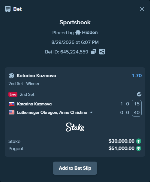 Bet slip: Katarina Kuzmova - Lutkemeyer Obregon, Anne Christine, $30,000.00 stake at 1.70 odds, placed by Hidden