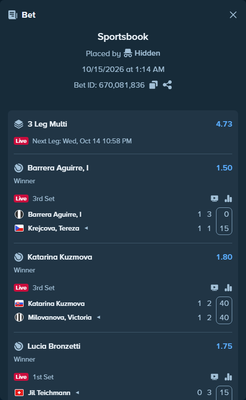 Bet slip: Katarina Kuzmova - Milovanova, Victoria, $10,000.00 stake at 1.80 odds, placed by Hidden