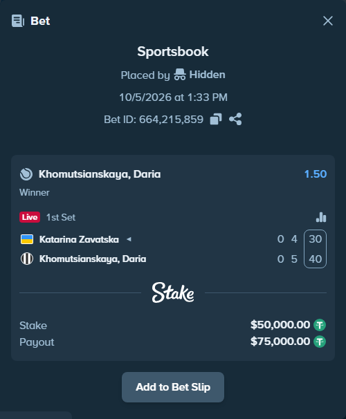 Bet slip: Katarina Zavatska - Khomutsianskaya, Darya, $50,000.00 stake at 1.50 odds, placed by Hidden