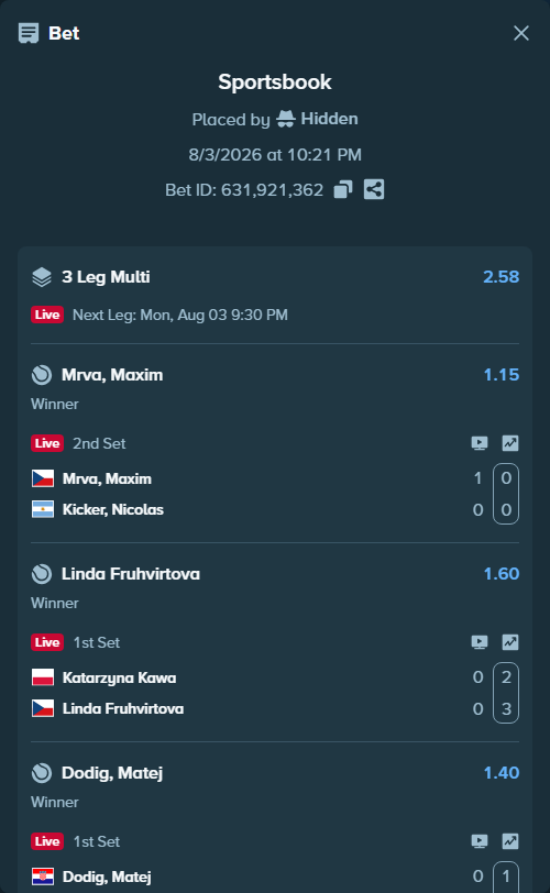 Bet slip: Katarzyna Kawa - Linda Fruhvirtova, $11,789.20 stake at 1.60 odds, placed by Hidden