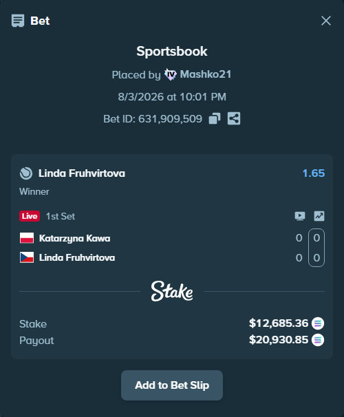 Bet slip: Katarzyna Kawa - Linda Fruhvirtova, $12,730.69 stake at 1.65 odds, placed by Mashko21