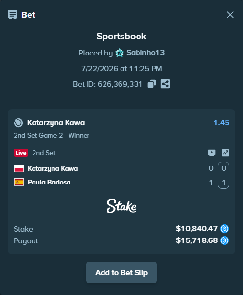 Bet slip: Katarzyna Kawa - Paula Badosa, $10,840.47 stake at 1.45 odds, placed by Sabinho13