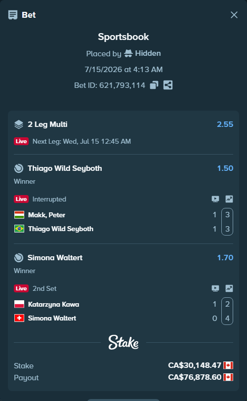 Bet slip: Katarzyna Kawa - Simona Waltert, $22,309.87 stake at 1.70 odds, placed by Hidden