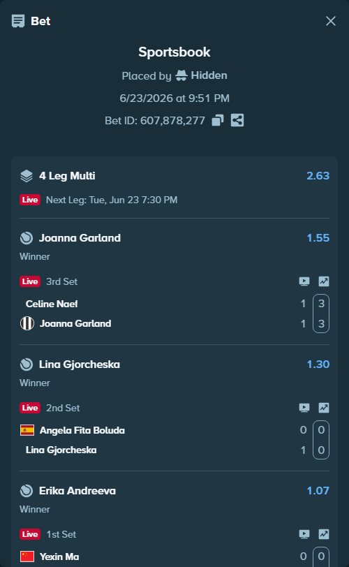 Bet slip: Katarzyna Kawa - Susan Bandecchi, $11,000.00 stake at 1.22 odds, placed by Hidden