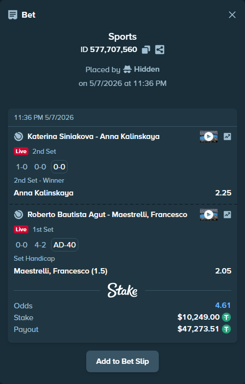 Bet slip: Katerina Siniakova - Anna Kalinskaya, $10,249.00 stake at 2.25 odds, placed by Hidden