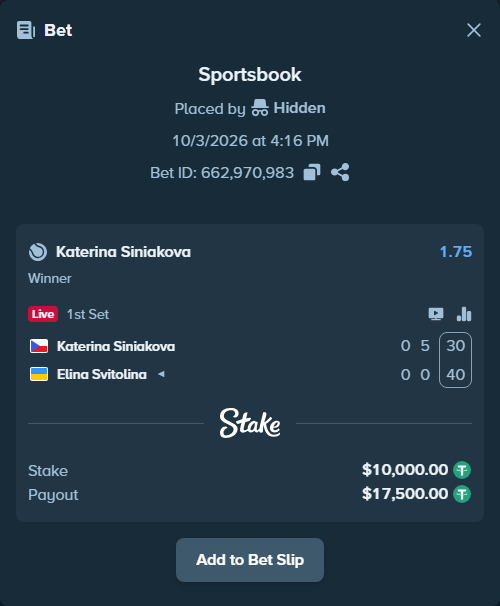 Bet slip: Katerina Siniakova - Elina Svitolina, $10,000.00 stake at 1.75 odds, placed by Kishnoalmai