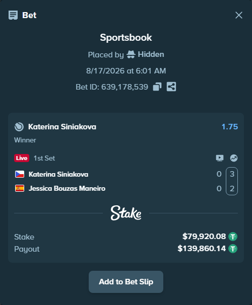 Bet slip: Katerina Siniakova - Jessica Bouzas Maneiro, $80,000.00 stake at 1.75 odds, placed by Hidden