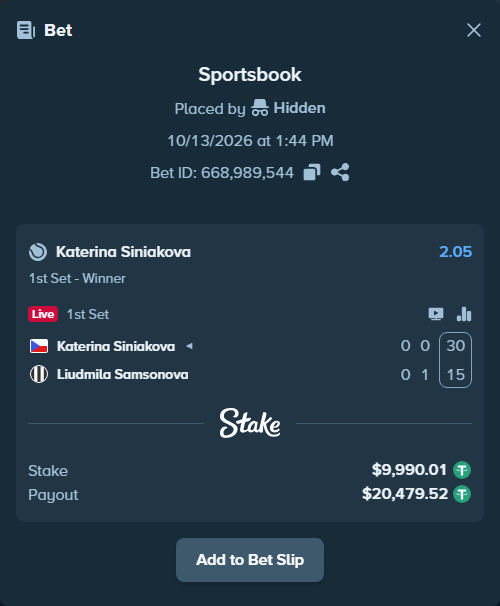 Bet slip: Katerina Siniakova - Liudmila Samsonova, $10,000.00 stake at 2.05 odds, placed by WinTr10