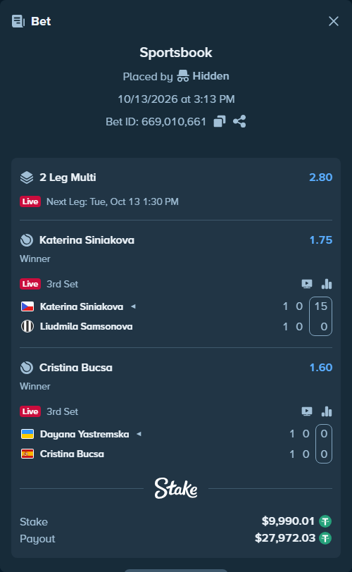 Bet slip: Katerina Siniakova - Liudmila Samsonova, $10,000.00 stake at 1.75 odds, placed by WinTr10