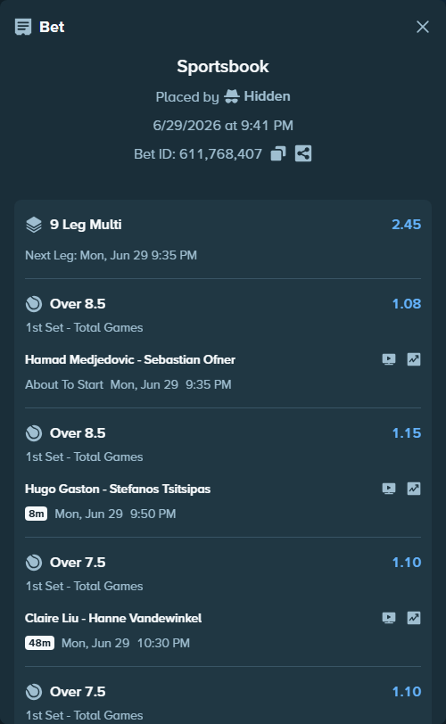 Bet slip: Katerina Siniakova - Qinwen Zheng, $100,000.00 stake at 1.08 odds, placed by Hidden