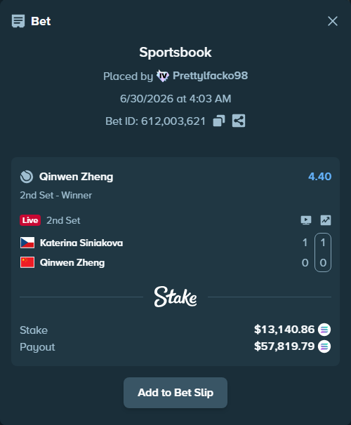 Bet slip: Katerina Siniakova - Qinwen Zheng, $14,356.83 stake at 4.40 odds, placed by Prettylfacko98