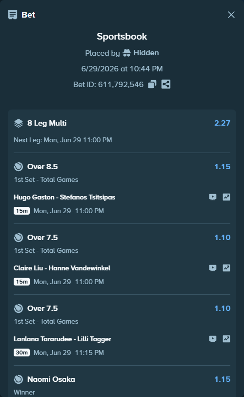 Bet slip: Katerina Siniakova - Qinwen Zheng, $75,000.00 stake at 1.08 odds, placed by Hidden