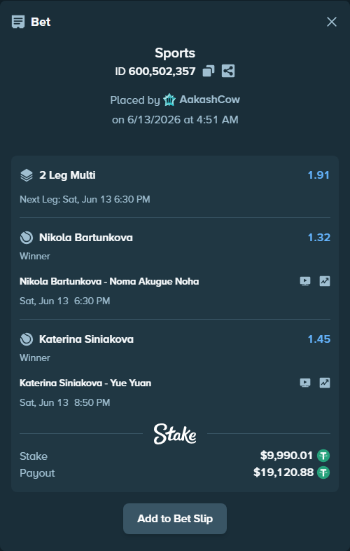 Bet slip: Katerina Siniakova - Yue Yuan, $10,000.00 stake at 1.45 odds, placed by AakashCow