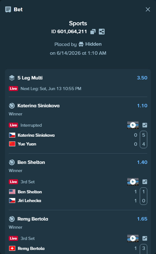Bet slip: Katerina Siniakova - Yue Yuan, $10,000.00 stake at 1.10 odds, placed by Hidden