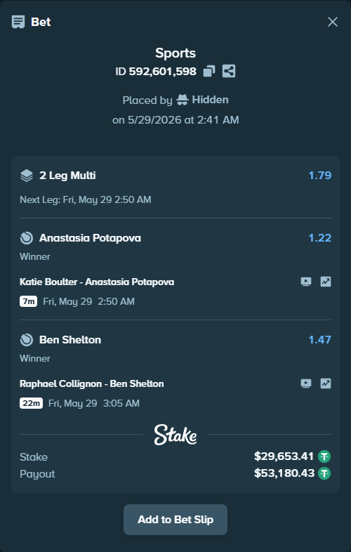 Bet slip: Katie Boulter - Anastasia Potapova, $29,712.72 stake at 1.22 odds, placed by Hidden