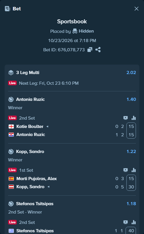 Bet slip: Katie Boulter - Antonia Ruzic, $20,000.00 stake at 1.40 odds, placed by Hidden