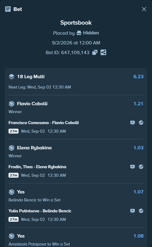 Bet slip: Katie Boulter - Karolina Muchova, $125,000.00 stake at 1.12 odds, placed by Hidden
