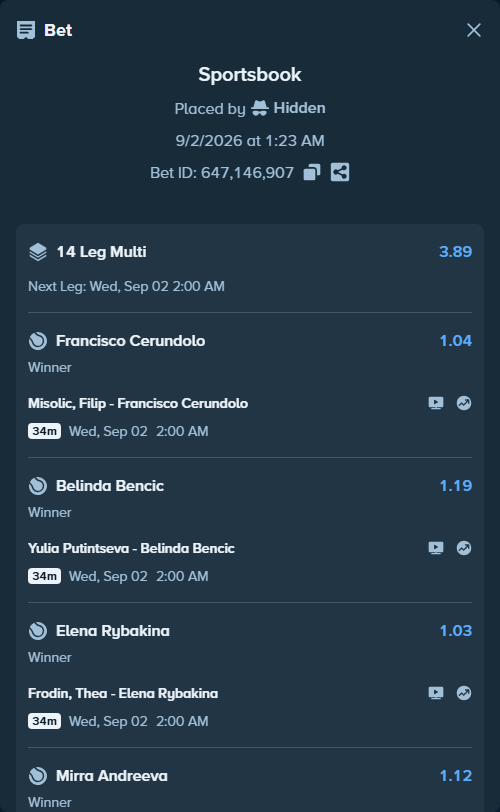 Bet slip: Katie Boulter - Karolina Muchova, $125,000.00 stake at 1.13 odds, placed by Hidden