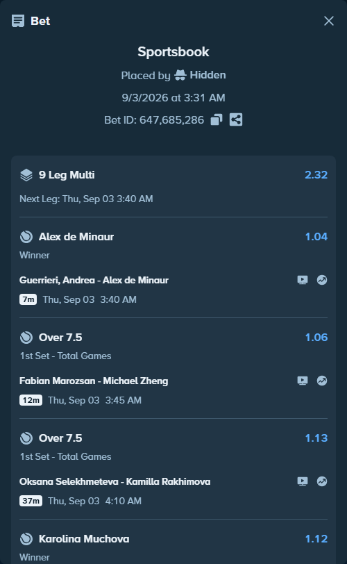 Bet slip: Katie Boulter - Karolina Muchova, $125,000.00 stake at 1.12 odds, placed by Hidden