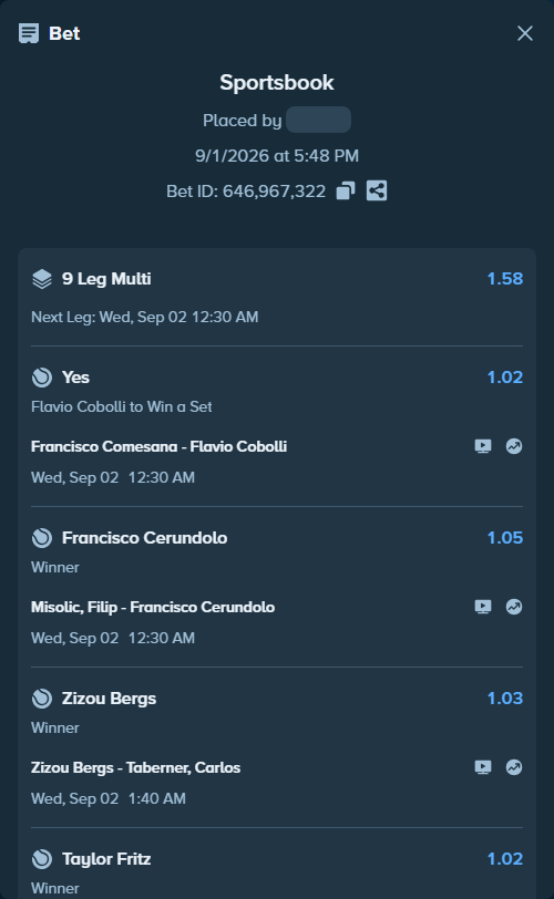 Bet slip: Katie Boulter - Karolina Muchova, $39,540.48 stake at 1.16 odds, placed by Jupavelli